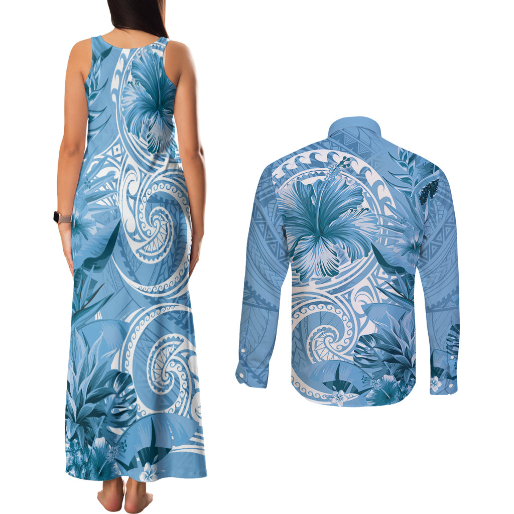 Polynesian Hibiscus Flower Tribal Couples Matching Tank Maxi Dress and Long Sleeve Button Shirt Blue Color LT9 - Polynesian Pride