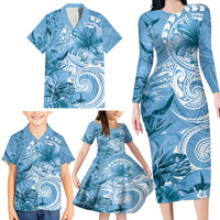 Polynesian Hibiscus Flower Tribal Family Matching Long Sleeve Bodycon Dress and Hawaiian Shirt Blue Color LT9 - Polynesian Pride