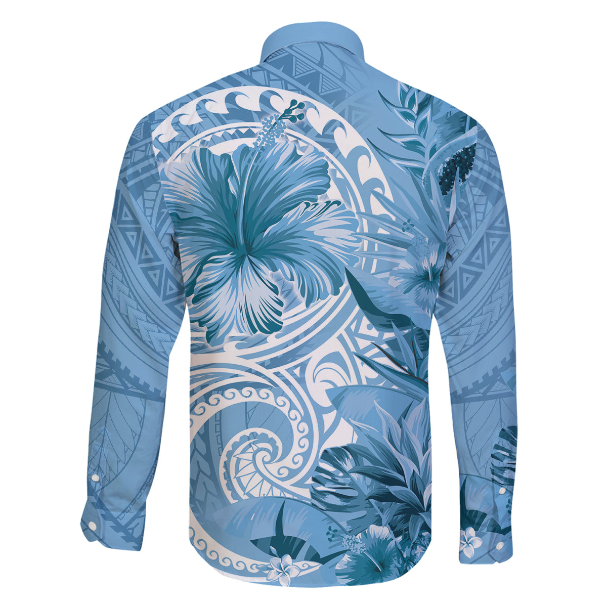 Polynesian Hibiscus Flower Tribal Family Matching Long Sleeve Bodycon Dress and Hawaiian Shirt Blue Color LT9 - Polynesian Pride
