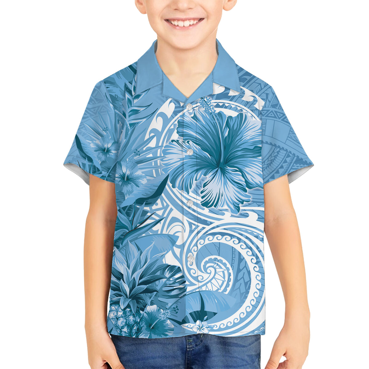 Polynesian Hibiscus Flower Tribal Family Matching Long Sleeve Bodycon Dress and Hawaiian Shirt Blue Color LT9 Son's Shirt Blue - Polynesian Pride