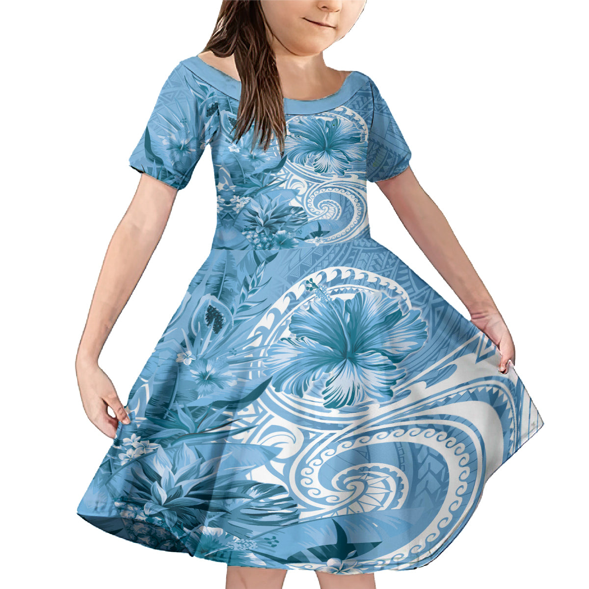 Polynesian Hibiscus Flower Tribal Family Matching Mermaid Dress and Hawaiian Shirt Blue Color LT9 Daughter's Dress Blue - Polynesian Pride