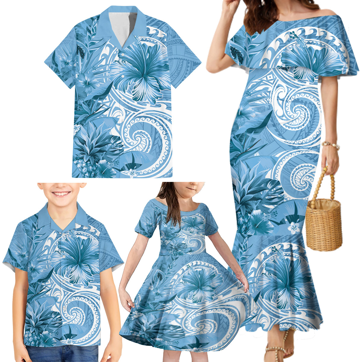 Polynesian Hibiscus Flower Tribal Family Matching Mermaid Dress and Hawaiian Shirt Blue Color LT9 - Polynesian Pride