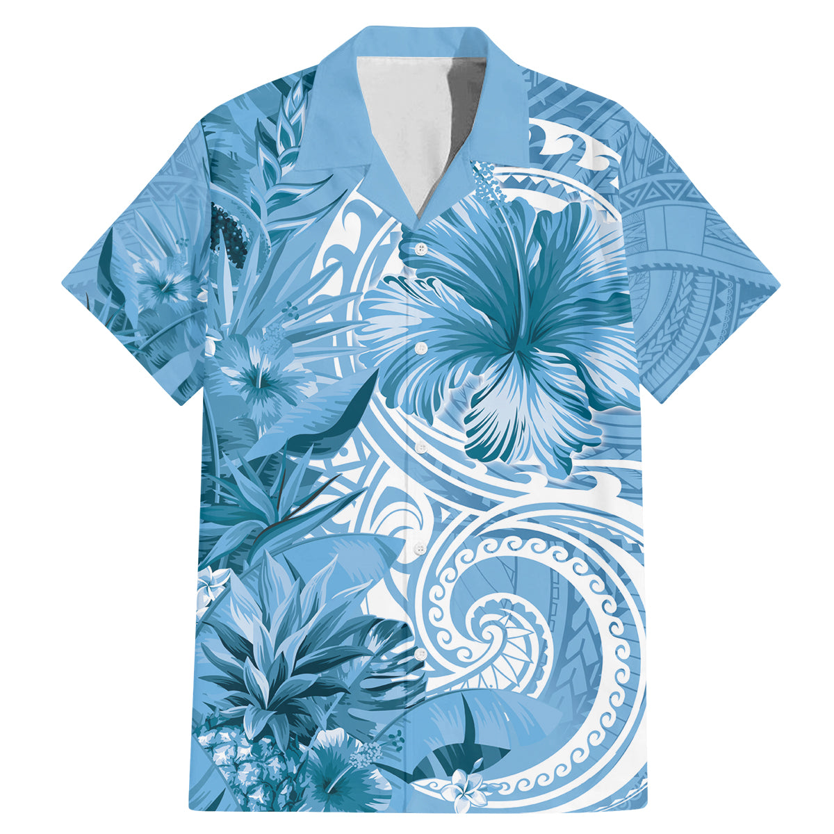 Polynesian Hibiscus Flower Tribal Family Matching Mermaid Dress and Hawaiian Shirt Blue Color LT9 Dad's Shirt - Short Sleeve Blue - Polynesian Pride