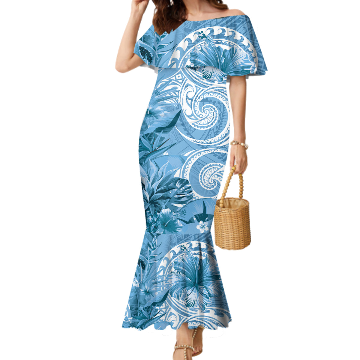 Polynesian Hibiscus Flower Tribal Family Matching Mermaid Dress and Hawaiian Shirt Blue Color LT9 Mom's Dress Blue - Polynesian Pride