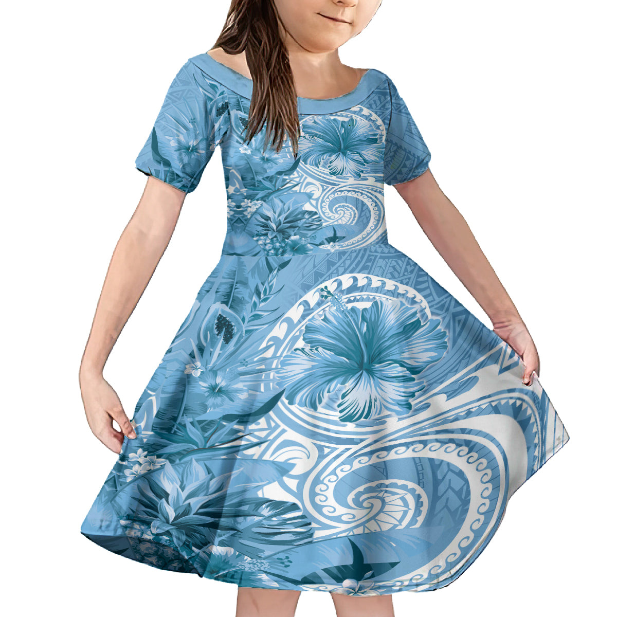 Polynesian Hibiscus Flower Tribal Family Matching Off The Shoulder Long Sleeve Dress and Hawaiian Shirt Blue Color LT9 Daughter's Dress Blue - Polynesian Pride
