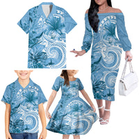 Polynesian Hibiscus Flower Tribal Family Matching Off The Shoulder Long Sleeve Dress and Hawaiian Shirt Blue Color LT9 - Polynesian Pride