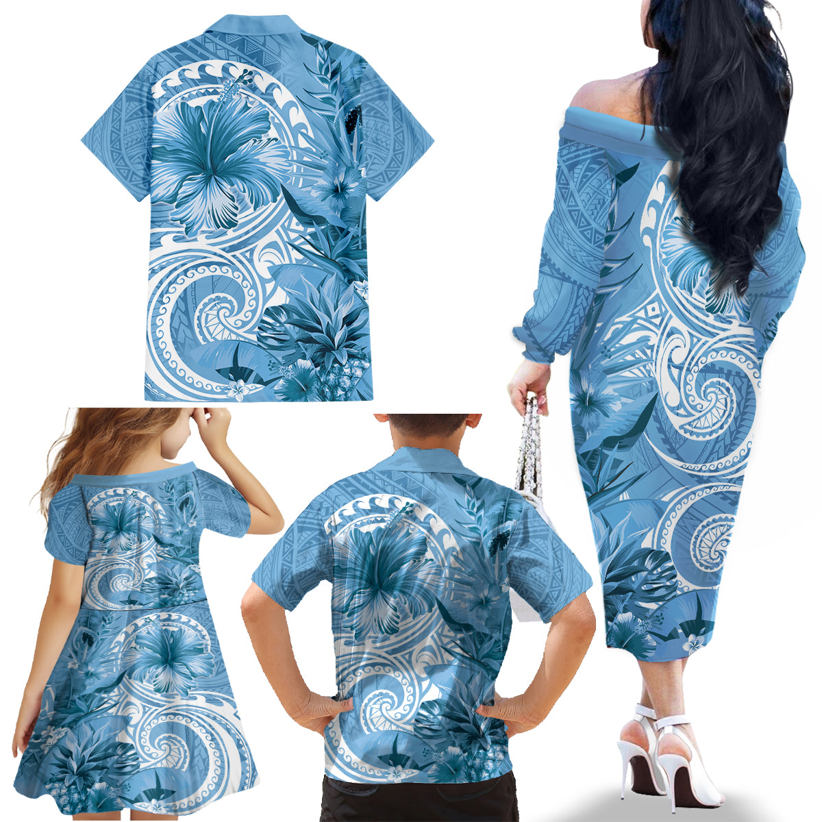 Polynesian Hibiscus Flower Tribal Family Matching Off The Shoulder Long Sleeve Dress and Hawaiian Shirt Blue Color LT9 - Polynesian Pride