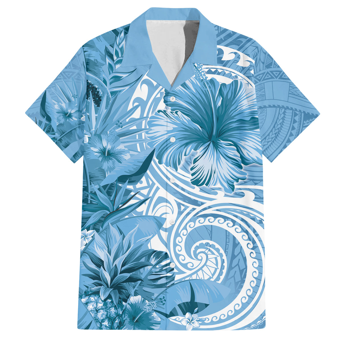Polynesian Hibiscus Flower Tribal Family Matching Off The Shoulder Long Sleeve Dress and Hawaiian Shirt Blue Color LT9 Dad's Shirt - Short Sleeve Blue - Polynesian Pride