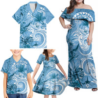 Polynesian Hibiscus Flower Tribal Family Matching Off Shoulder Maxi Dress and Hawaiian Shirt Blue Color LT9 - Polynesian Pride