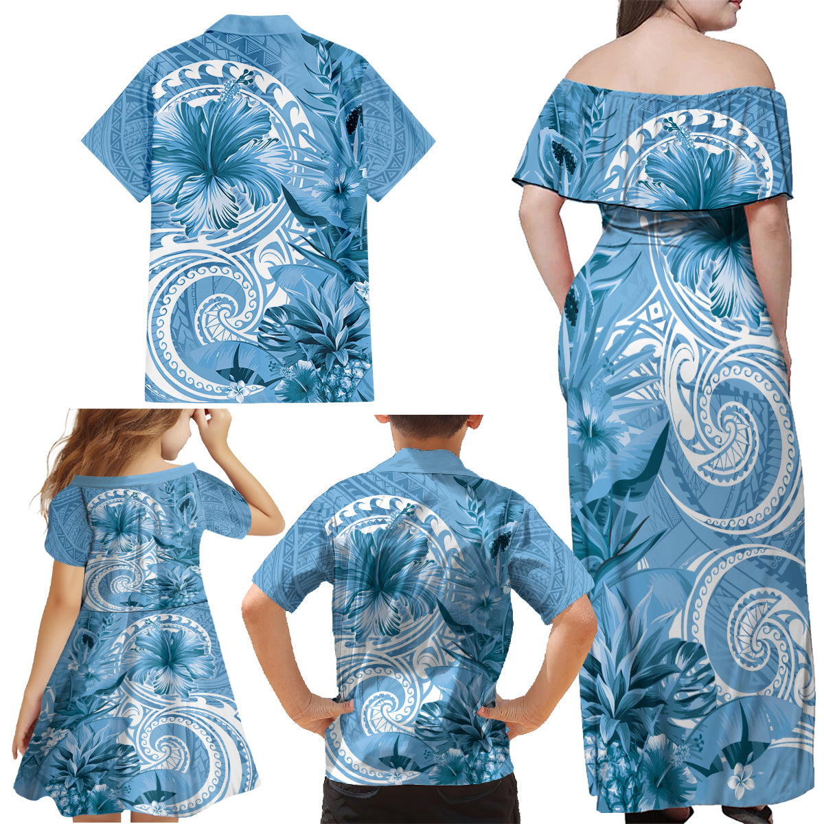 Polynesian Hibiscus Flower Tribal Family Matching Off Shoulder Maxi Dress and Hawaiian Shirt Blue Color LT9 - Polynesian Pride