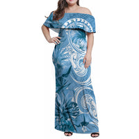 Polynesian Hibiscus Flower Tribal Family Matching Off Shoulder Maxi Dress and Hawaiian Shirt Blue Color LT9 Mom's Dress Blue - Polynesian Pride