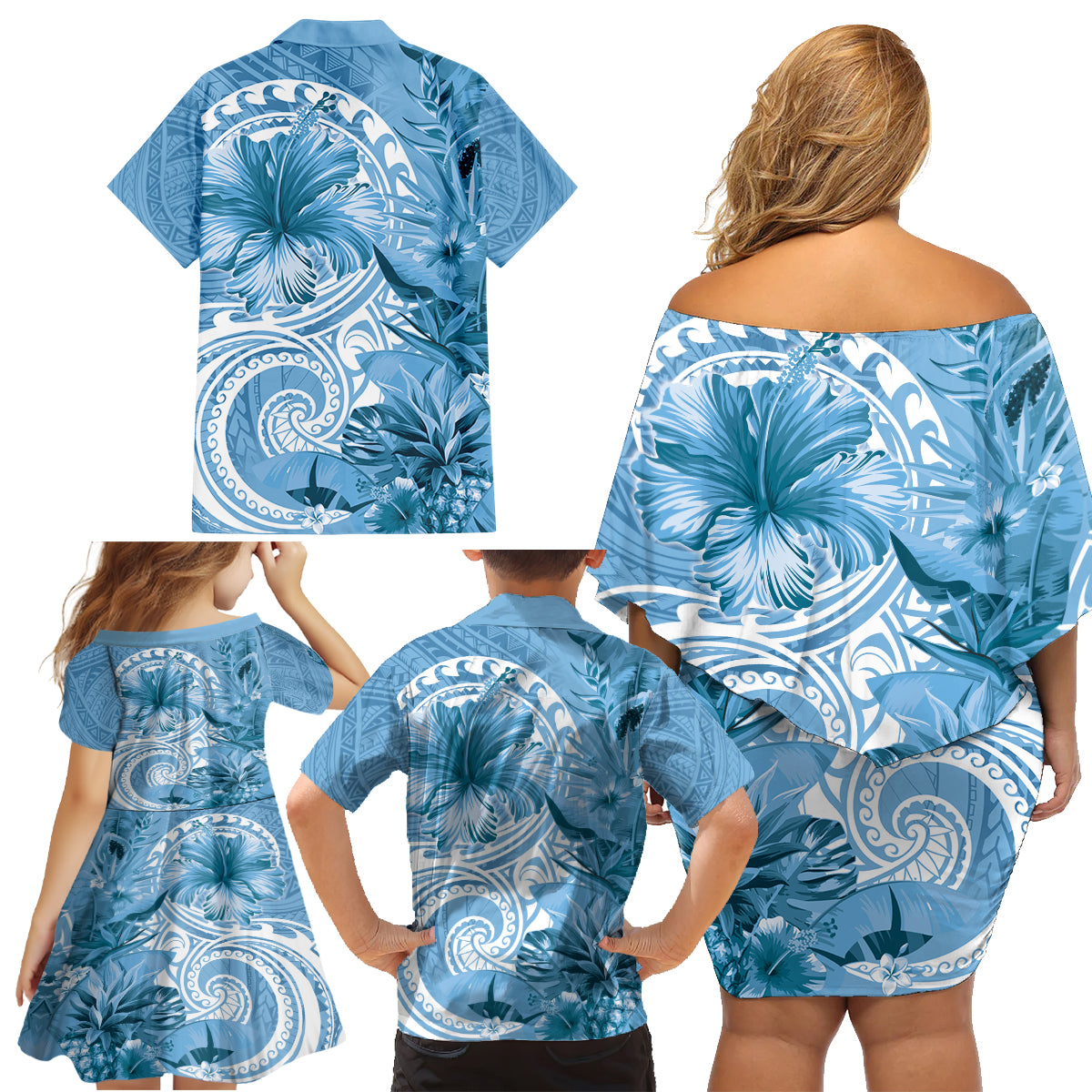 Polynesian Hibiscus Flower Tribal Family Matching Off Shoulder Short Dress and Hawaiian Shirt Blue Color LT9 - Polynesian Pride