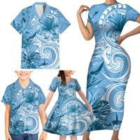 Polynesian Hibiscus Flower Tribal Family Matching Short Sleeve Bodycon Dress and Hawaiian Shirt Blue Color LT9 - Polynesian Pride