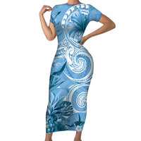 Polynesian Hibiscus Flower Tribal Family Matching Short Sleeve Bodycon Dress and Hawaiian Shirt Blue Color LT9 Mom's Dress Blue - Polynesian Pride