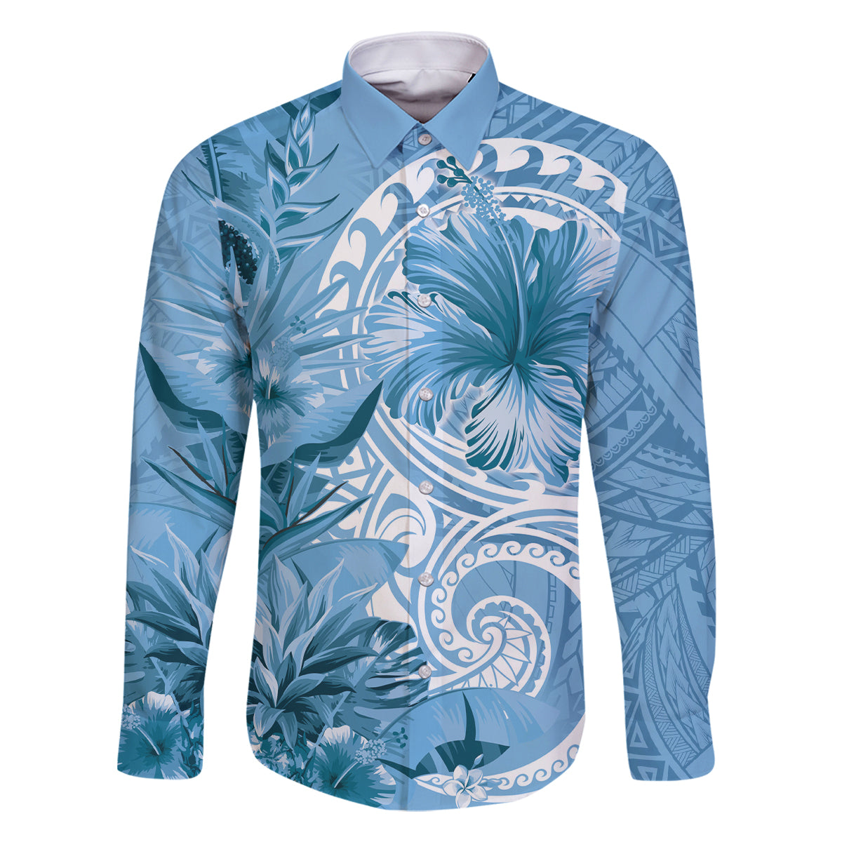 Polynesian Hibiscus Flower Tribal Family Matching Tank Maxi Dress and Hawaiian Shirt Blue Color LT9 Dad's Shirt - Long Sleeve Blue - Polynesian Pride