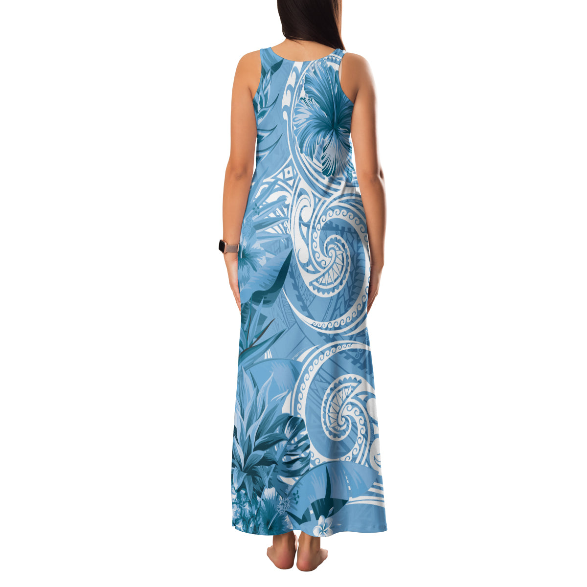 Polynesian Hibiscus Flower Tribal Family Matching Tank Maxi Dress and Hawaiian Shirt Blue Color LT9 - Polynesian Pride