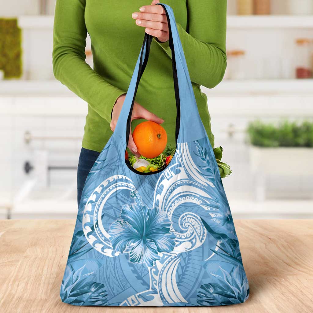 Polynesian Hibiscus Flower Tribal Grocery Bag Blue Color