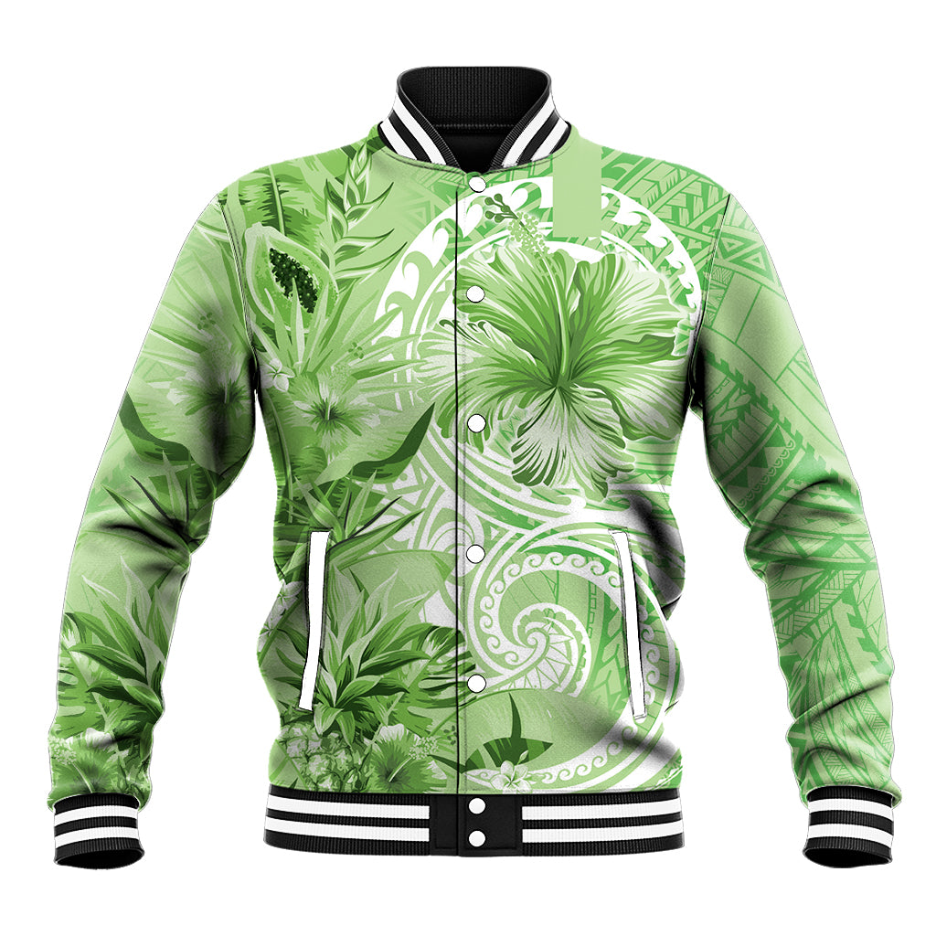 Polynesian Hibiscus Flower Tribal Baseball Jacket Lime Green Color