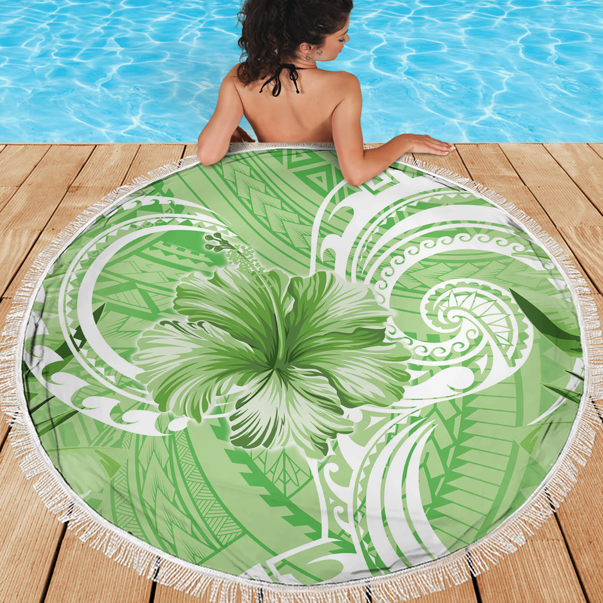 Polynesian Hibiscus Flower Tribal Beach Blanket Lime Green Color
