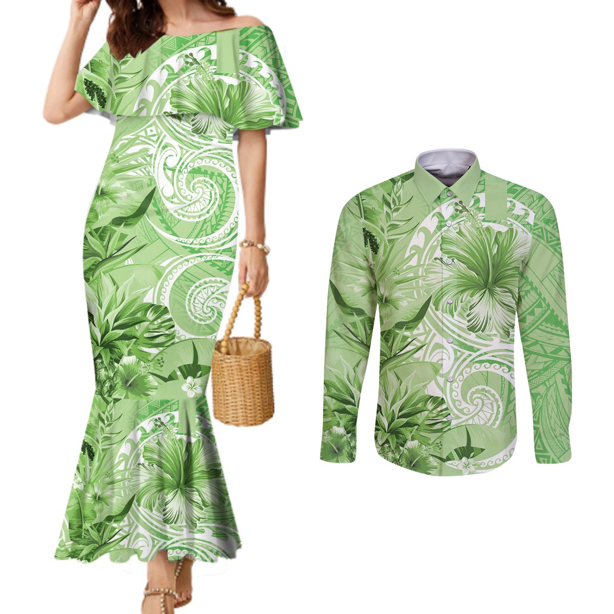Polynesian Hibiscus Flower Tribal Couples Matching Mermaid Dress and Long Sleeve Button Shirt Lime Green Color