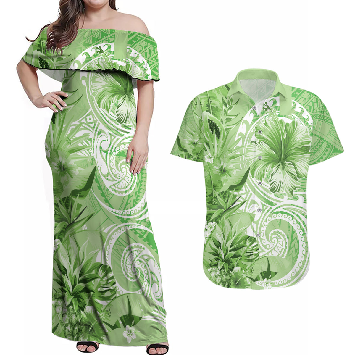 Polynesian Hibiscus Flower Tribal Couples Matching Off Shoulder Maxi Dress and Hawaiian Shirt Lime Green Color LT9 Lime Green - Polynesian Pride
