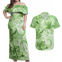 Polynesian Hibiscus Flower Tribal Couples Matching Off Shoulder Maxi Dress and Hawaiian Shirt Lime Green Color LT9 Lime Green - Polynesian Pride