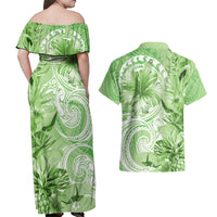 Polynesian Hibiscus Flower Tribal Couples Matching Off Shoulder Maxi Dress and Hawaiian Shirt Lime Green Color LT9 - Polynesian Pride