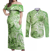 Polynesian Hibiscus Flower Tribal Couples Matching Off Shoulder Maxi Dress and Long Sleeve Button Shirt Lime Green Color LT9 Lime Green - Polynesian Pride
