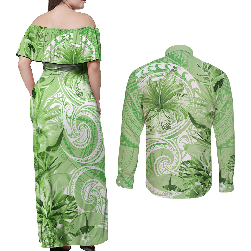 Polynesian Hibiscus Flower Tribal Couples Matching Off Shoulder Maxi Dress and Long Sleeve Button Shirt Lime Green Color LT9 - Polynesian Pride