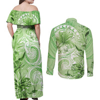 Polynesian Hibiscus Flower Tribal Couples Matching Off Shoulder Maxi Dress and Long Sleeve Button Shirt Lime Green Color LT9 - Polynesian Pride