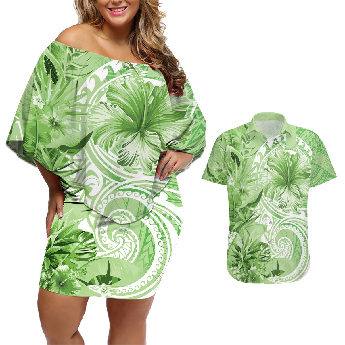 Polynesian Hibiscus Flower Tribal Couples Matching Off Shoulder Short Dress and Hawaiian Shirt Lime Green Color