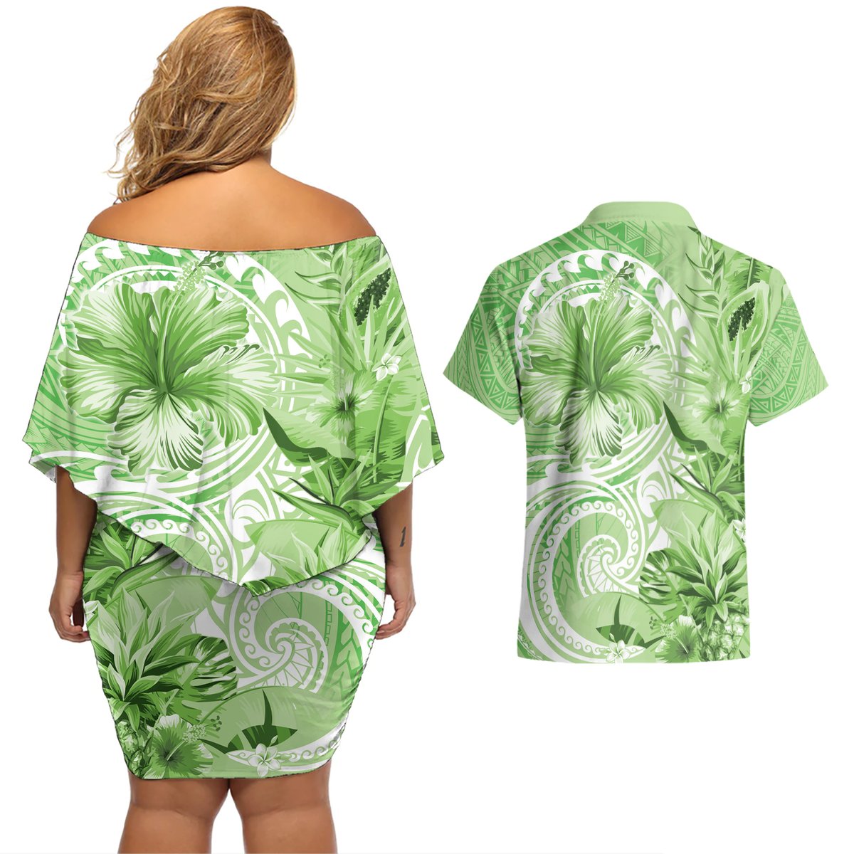 Polynesian Hibiscus Flower Tribal Couples Matching Off Shoulder Short Dress and Hawaiian Shirt Lime Green Color LT9 - Polynesian Pride