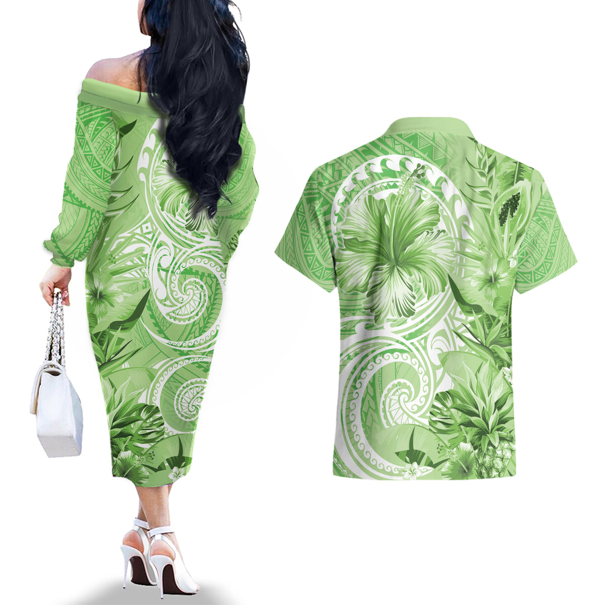 Polynesian Hibiscus Flower Tribal Couples Matching Off The Shoulder Long Sleeve Dress and Hawaiian Shirt Lime Green Color LT9 - Polynesian Pride