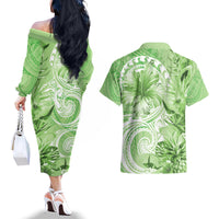 Polynesian Hibiscus Flower Tribal Couples Matching Off The Shoulder Long Sleeve Dress and Hawaiian Shirt Lime Green Color LT9 - Polynesian Pride
