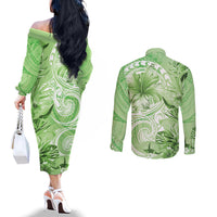 Polynesian Hibiscus Flower Tribal Couples Matching Off The Shoulder Long Sleeve Dress and Long Sleeve Button Shirt Lime Green Color LT9 - Polynesian Pride