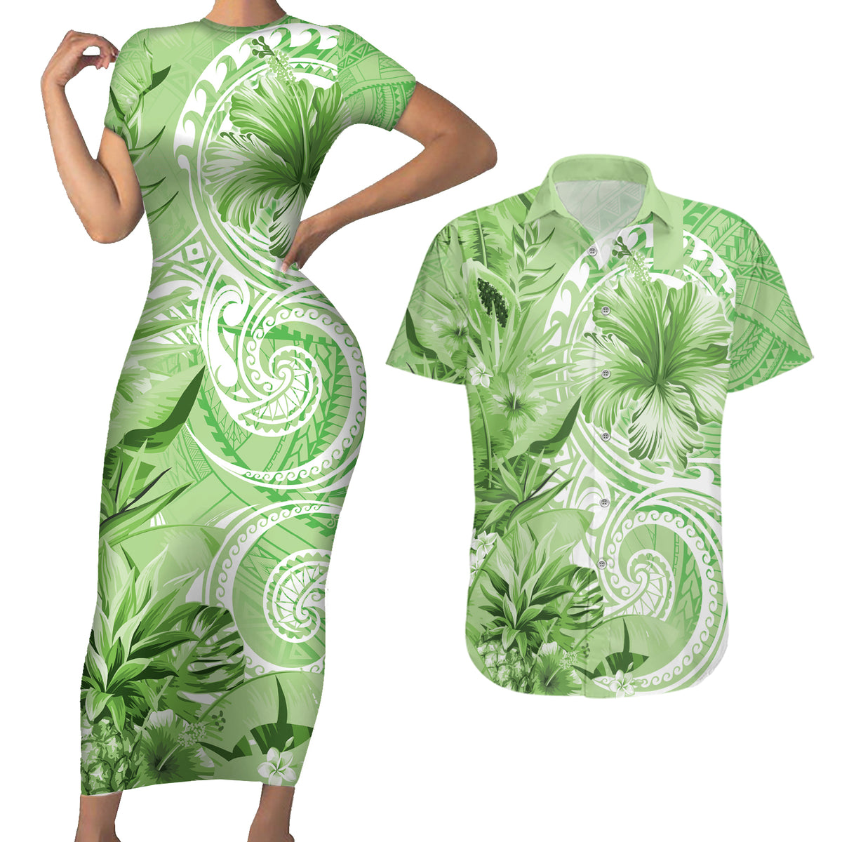 Polynesian Hibiscus Flower Tribal Couples Matching Short Sleeve Bodycon Dress and Hawaiian Shirt Lime Green Color LT9 Lime Green - Polynesian Pride