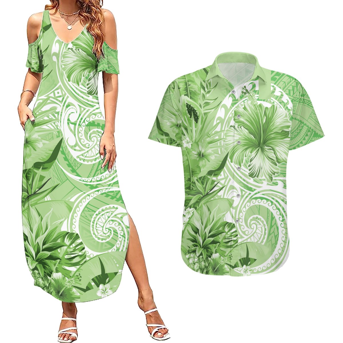 Polynesian Hibiscus Flower Tribal Couples Matching Summer Maxi Dress and Hawaiian Shirt Lime Green Color LT9 Lime Green - Polynesian Pride