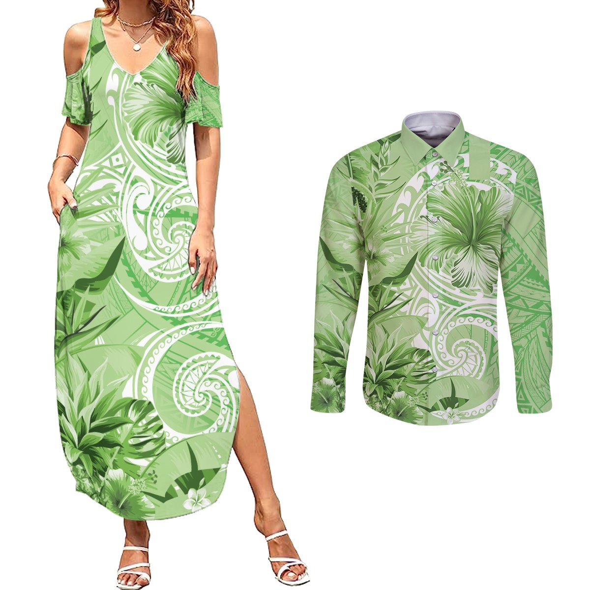 Polynesian Hibiscus Flower Tribal Couples Matching Summer Maxi Dress and Long Sleeve Button Shirt Lime Green Color LT9 Lime Green - Polynesian Pride