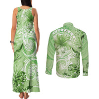 Polynesian Hibiscus Flower Tribal Couples Matching Tank Maxi Dress and Long Sleeve Button Shirt Lime Green Color LT9 - Polynesian Pride