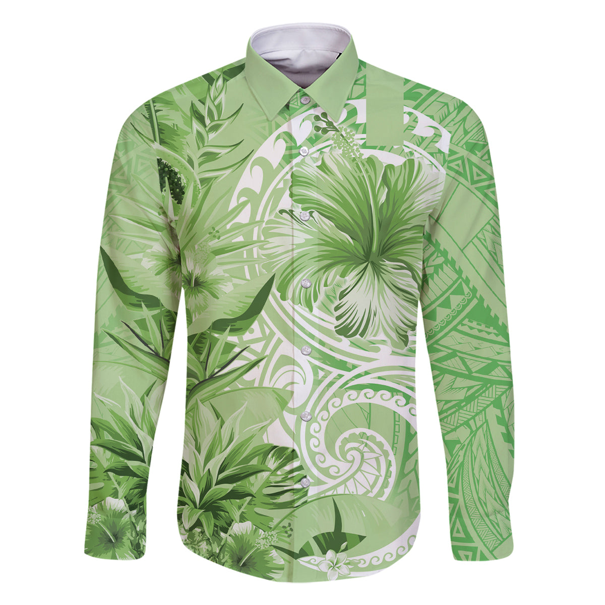 Polynesian Hibiscus Flower Tribal Family Matching Long Sleeve Bodycon Dress and Hawaiian Shirt Lime Green Color LT9 Dad's Shirt - Long Sleeve Lime Green - Polynesian Pride