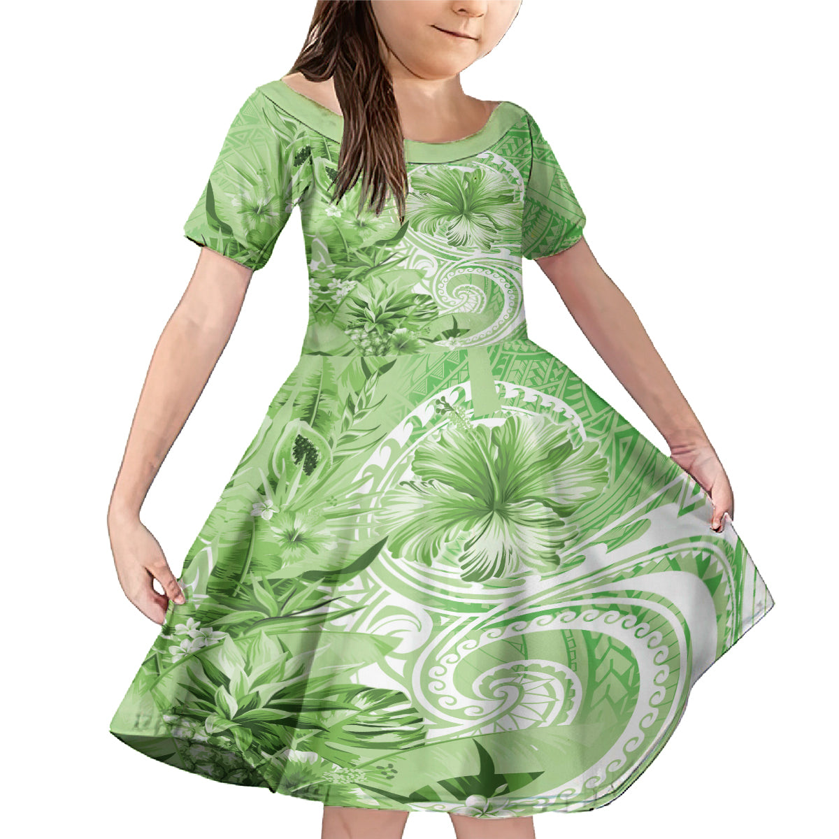 Polynesian Hibiscus Flower Tribal Family Matching Mermaid Dress and Hawaiian Shirt Lime Green Color LT9 Daughter's Dress Lime Green - Polynesian Pride