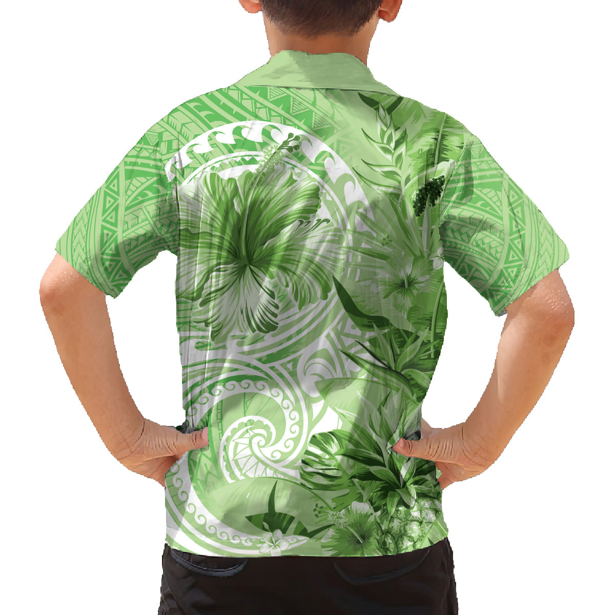 Polynesian Hibiscus Flower Tribal Family Matching Off The Shoulder Long Sleeve Dress and Hawaiian Shirt Lime Green Color LT9 - Polynesian Pride