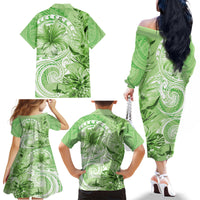 Polynesian Hibiscus Flower Tribal Family Matching Off The Shoulder Long Sleeve Dress and Hawaiian Shirt Lime Green Color LT9 - Polynesian Pride