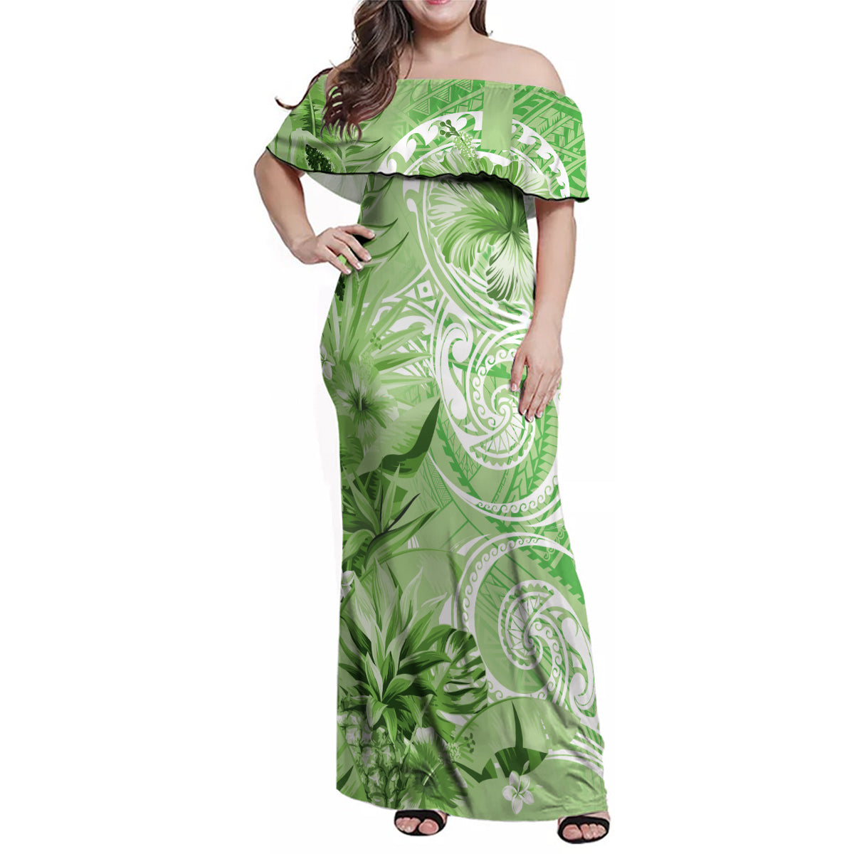 Polynesian Hibiscus Flower Tribal Family Matching Off Shoulder Maxi Dress and Hawaiian Shirt Lime Green Color LT9 Mom's Dress Lime Green - Polynesian Pride
