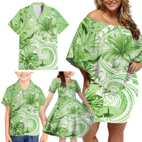 Polynesian Hibiscus Flower Tribal Family Matching Off Shoulder Short Dress and Hawaiian Shirt Lime Green Color LT9 - Polynesian Pride