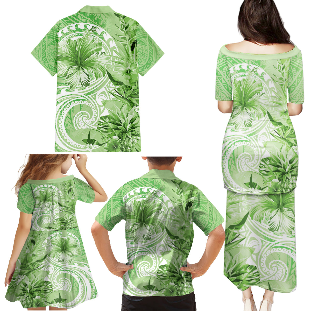 Polynesian Hibiscus Flower Tribal Family Matching Puletasi and Hawaiian Shirt Lime Green Color LT9 - Polynesian Pride