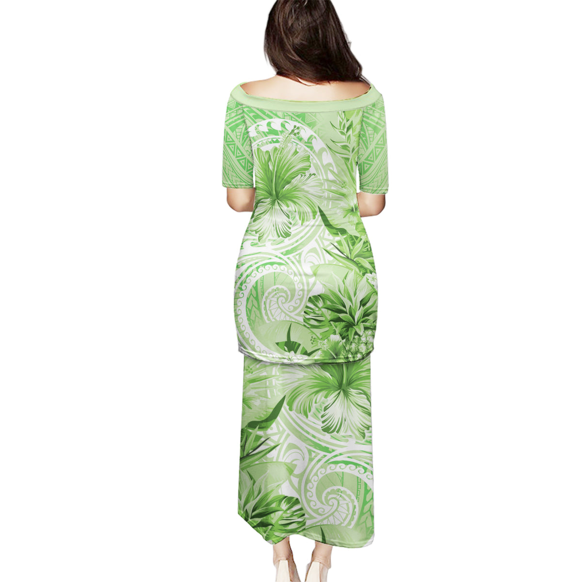 Polynesian Hibiscus Flower Tribal Family Matching Puletasi and Hawaiian Shirt Lime Green Color LT9 - Polynesian Pride