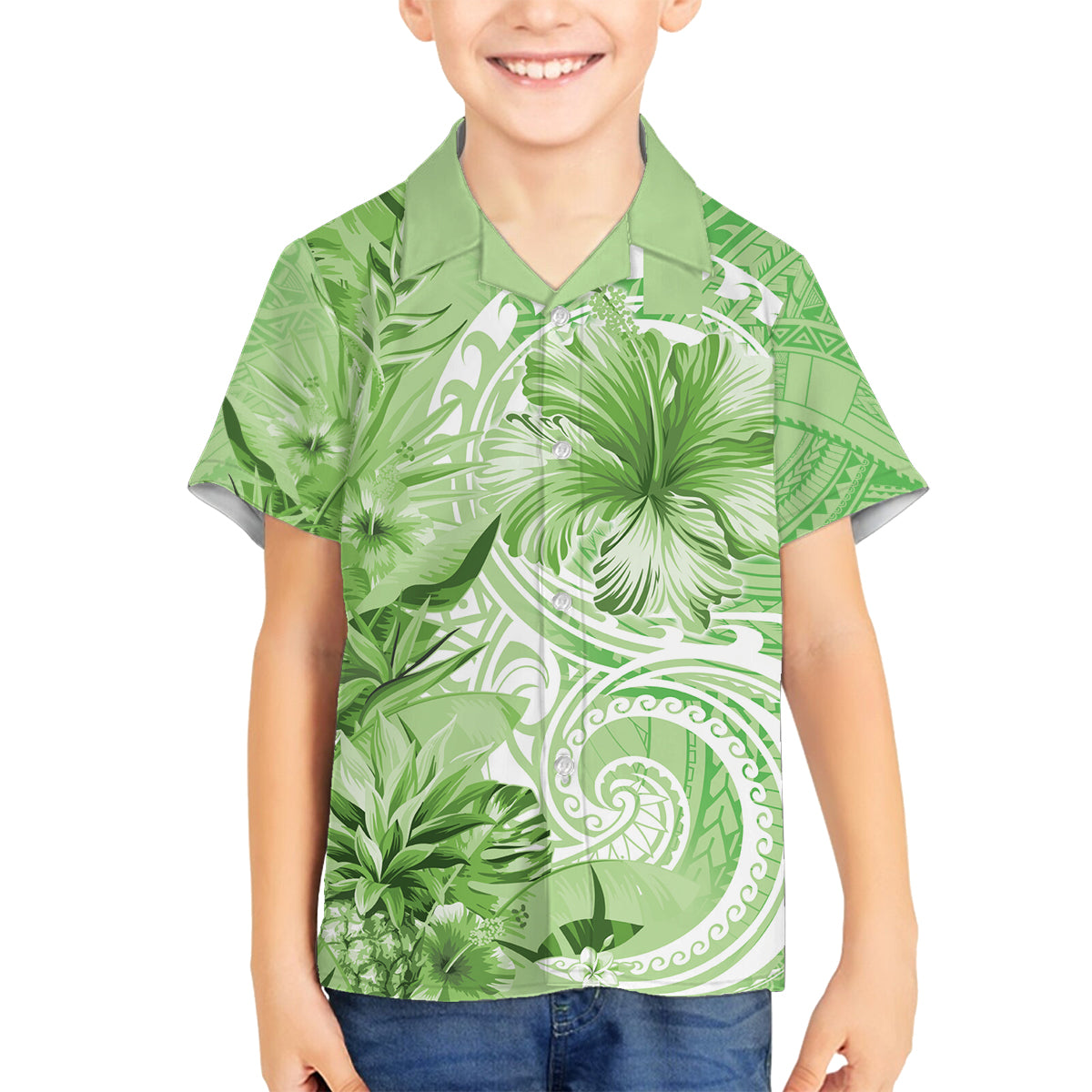 Polynesian Hibiscus Flower Tribal Family Matching Puletasi and Hawaiian Shirt Lime Green Color LT9 Son's Shirt Lime Green - Polynesian Pride