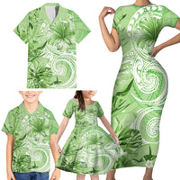 Polynesian Hibiscus Flower Tribal Family Matching Short Sleeve Bodycon Dress and Hawaiian Shirt Lime Green Color LT9 - Polynesian Pride