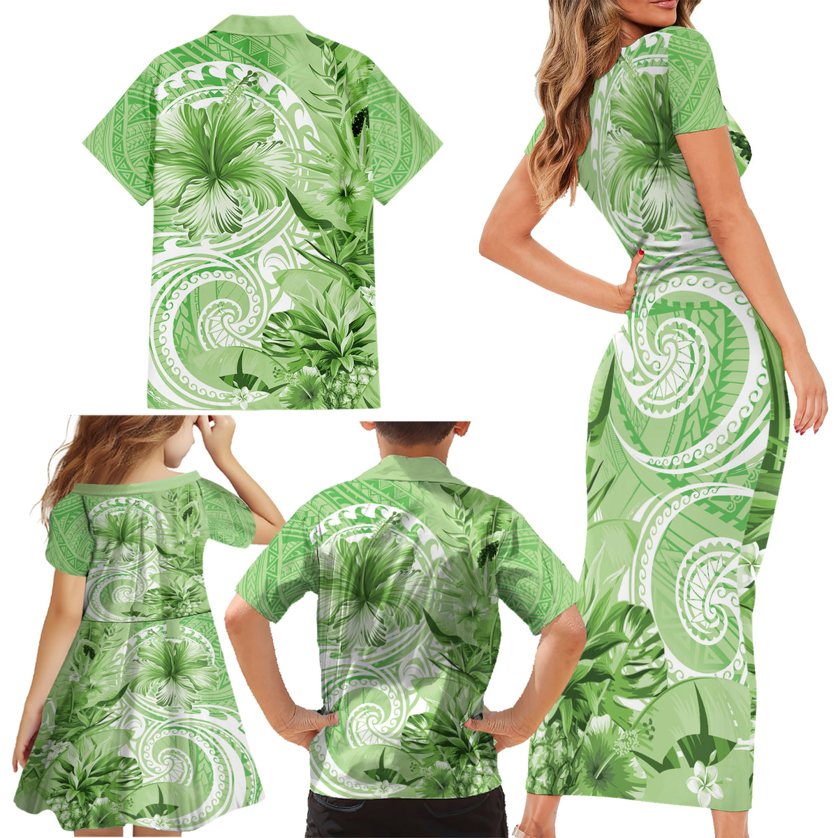 Polynesian Hibiscus Flower Tribal Family Matching Short Sleeve Bodycon Dress and Hawaiian Shirt Lime Green Color LT9 - Polynesian Pride
